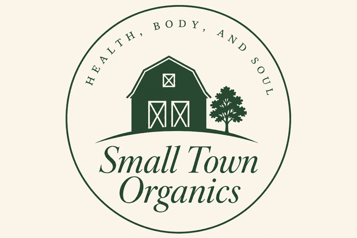 Small Town Organics circular badge: a barn and tree, Health, Body, and Soul